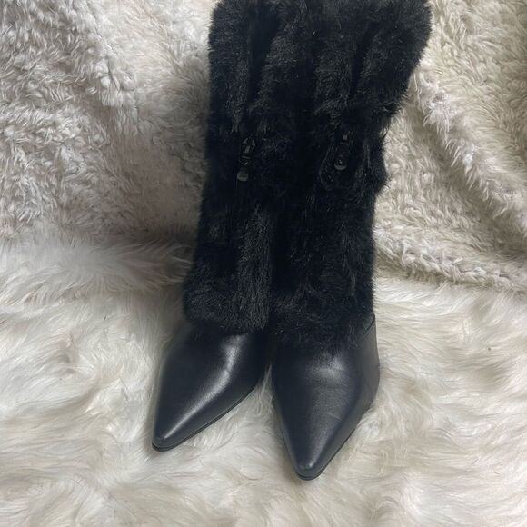 Ashro synthetic black mid calf boots  faux fur trim front zipper 3”heels SZ11W - Picture 6 of 16